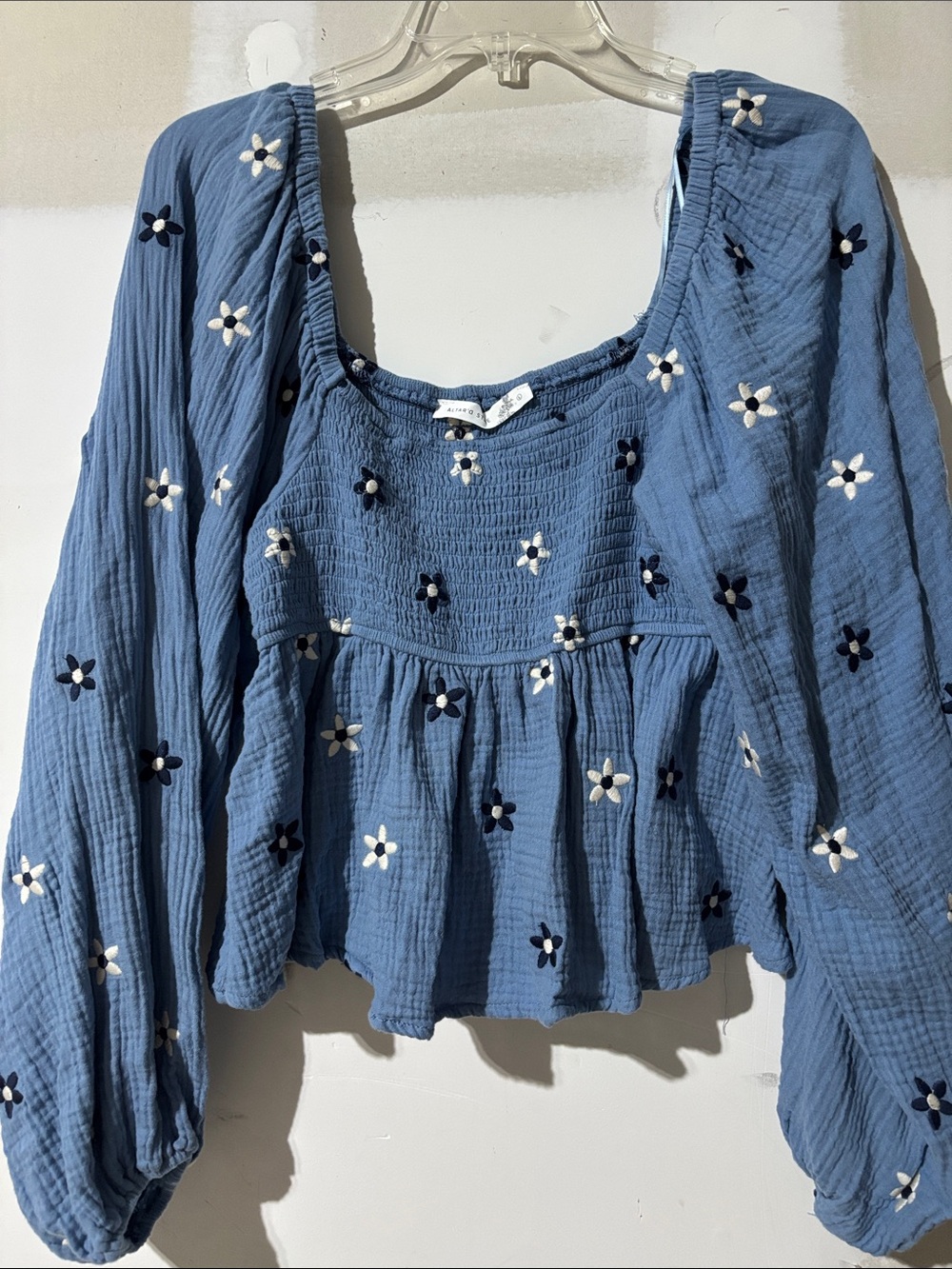 Altar'd State Blue Embroidered Floral Smocked Peplum Top